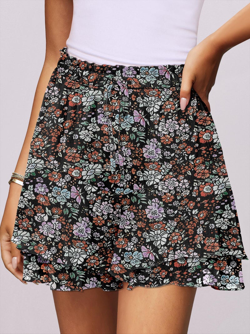 Caracilia Skorts for Women Boho Casual Beach Mini Skirts Summer Floral Ruffle Chiffon Flowy Shorts 2026 Trendy Outfits Brown Pink Floral Medium - Image 4
