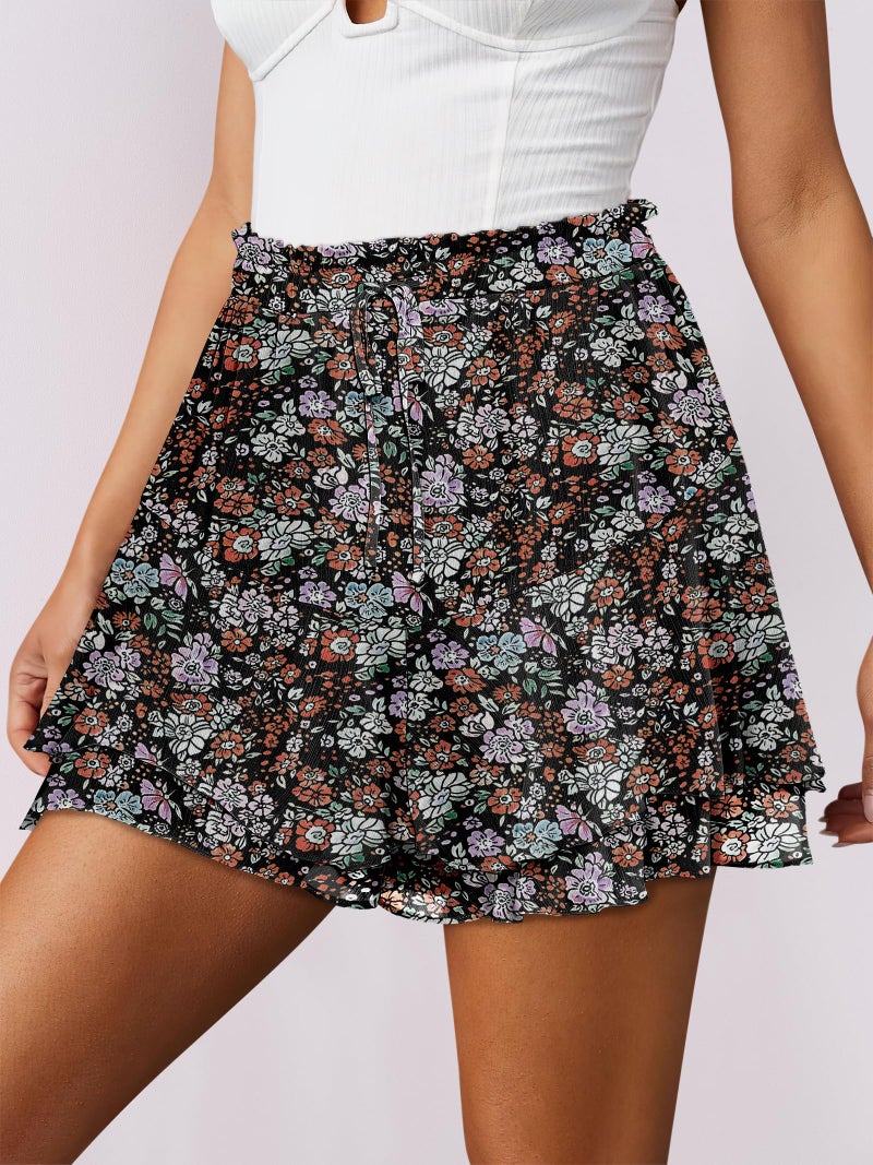 Caracilia Skorts for Women Boho Casual Beach Mini Skirts Summer Floral Ruffle Chiffon Flowy Shorts 2026 Trendy Outfits Brown Pink Floral Medium - Image 2