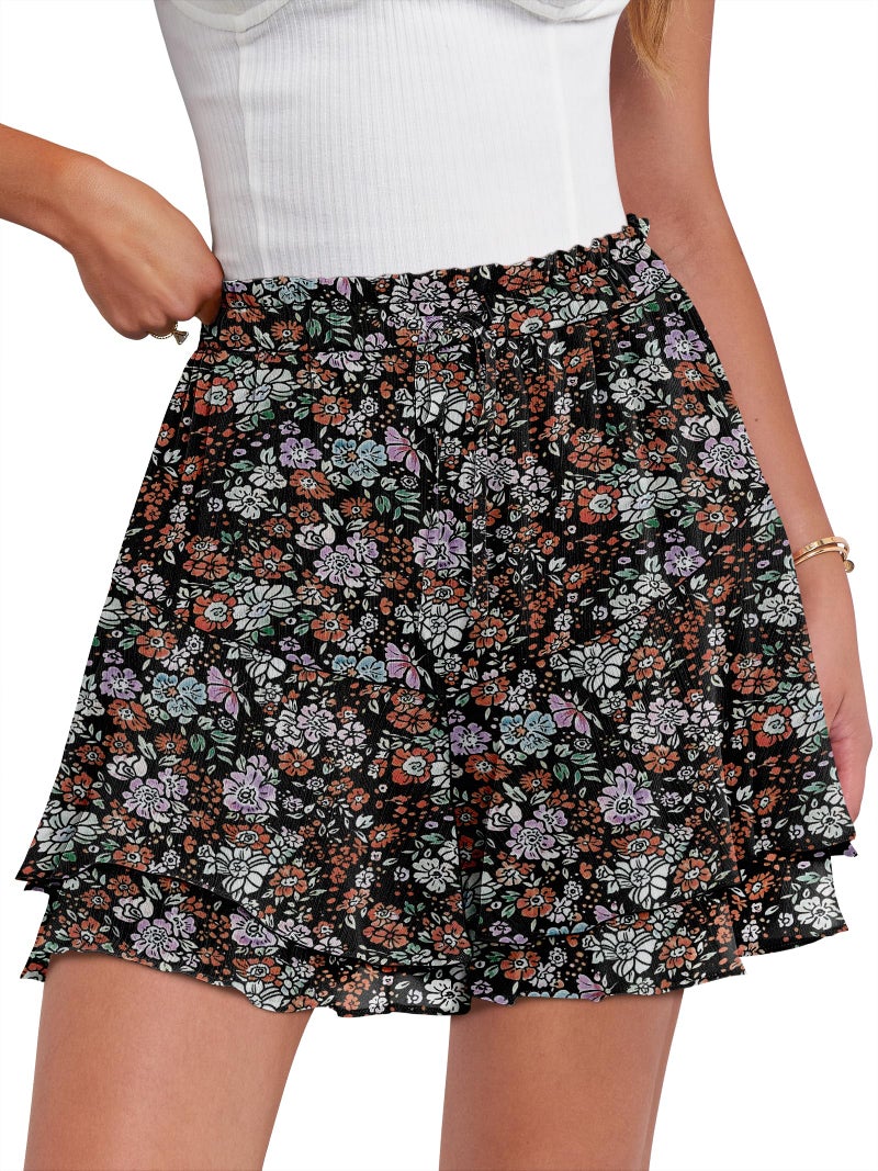 Caracilia Skorts for Women Boho Casual Beach Mini Skirts Summer Floral Ruffle Chiffon Flowy Shorts 2026 Trendy Outfits Brown Pink Floral Medium - Image 1