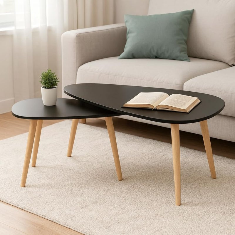 FENDI HOME FendiHome Modern Black Coffee Table Set with Wooden Legs – 2-Piece Nesting Tables for Living Room, Stylish Minimalist Design, Space-Saving Furniture with Open Storage - Image 1