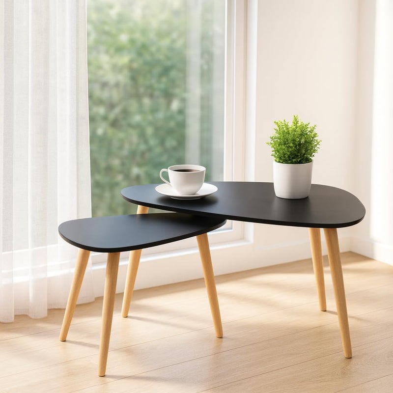 FENDI HOME FendiHome Modern Black Coffee Table Set with Wooden Legs – 2-Piece Nesting Tables for Living Room, Stylish Minimalist Design, Space-Saving Furniture with Open Storage - Image 4