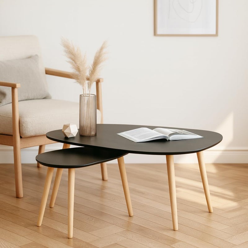 FENDI HOME FendiHome Modern Black Coffee Table Set with Wooden Legs – 2-Piece Nesting Tables for Living Room, Stylish Minimalist Design, Space-Saving Furniture with Open Storage - Image 5