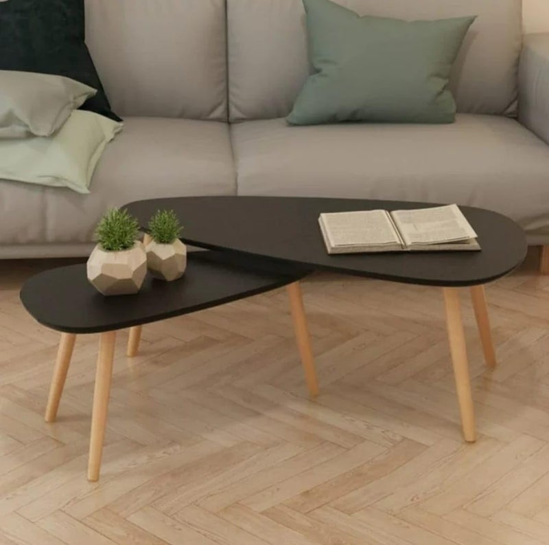 FENDI HOME FendiHome Modern Black Coffee Table Set with Wooden Legs – 2-Piece Nesting Tables for Living Room, Stylish Minimalist Design, Space-Saving Furniture with Open Storage - Image 3