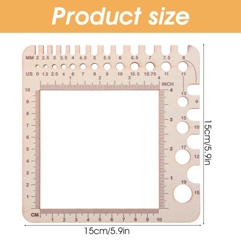 XLIUAX Wooden Rulers, Crochet Stitch Counter Spinner Yarn Measure Needle Gauge Swatch Ruler for Knitting Crochet Gauge Measuring Tool Poplar Square Measuring Tool Multi-Size Holes for Needles(A) - Image 2