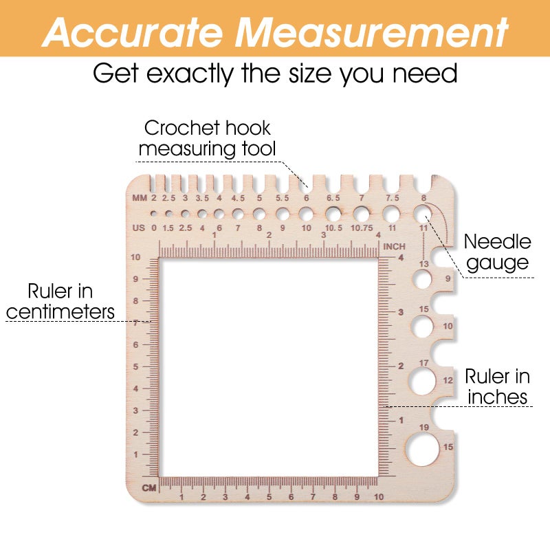 XLIUAX Wooden Rulers, Crochet Stitch Counter Spinner Yarn Measure Needle Gauge Swatch Ruler for Knitting Crochet Gauge Measuring Tool Poplar Square Measuring Tool Multi-Size Holes for Needles(A) - Image 4