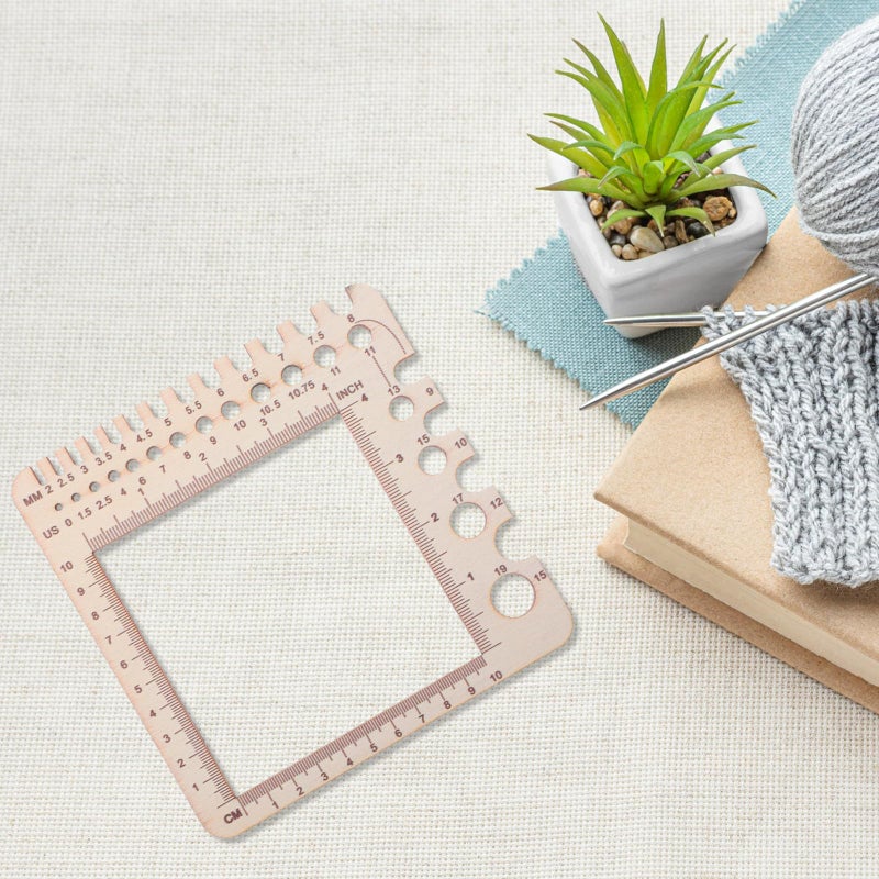 XLIUAX Wooden Rulers, Crochet Stitch Counter Spinner Yarn Measure Needle Gauge Swatch Ruler for Knitting Crochet Gauge Measuring Tool Poplar Square Measuring Tool Multi-Size Holes for Needles(A) - Image 5