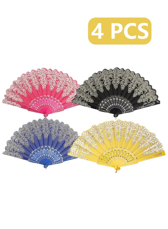 Vintage Folding Hand Fan, Gold Decoration Handheld Folding Fan Fabric Folding Fan for Wedding Dancing Party 4pcs - Image 1