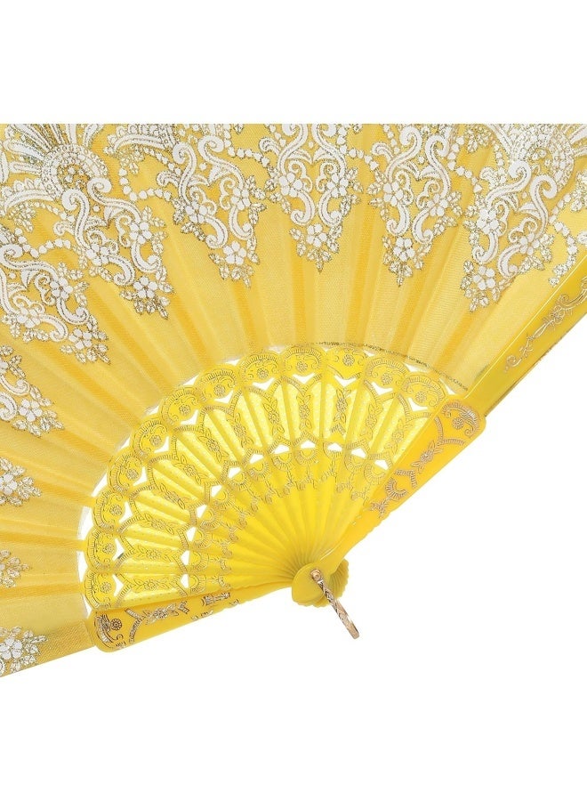 Vintage Folding Hand Fan, Gold Decoration Handheld Folding Fan Fabric Folding Fan for Wedding Dancing Party 4pcs - Image 3