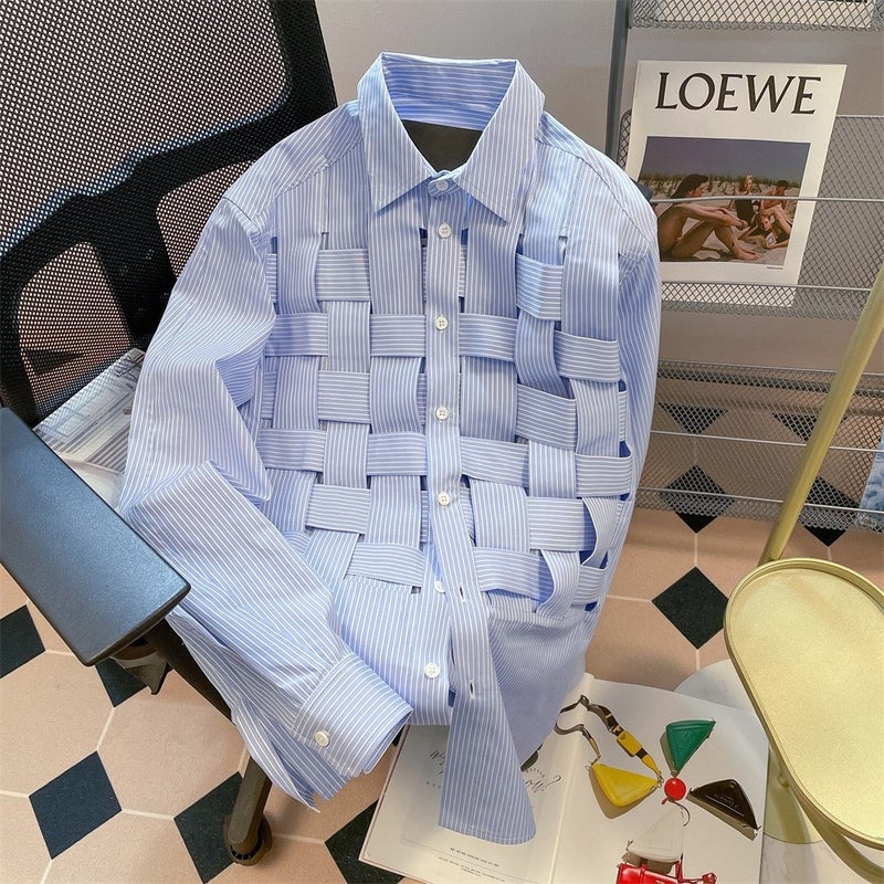 Design Sense Niche Chic Woven Plaid Striped Shirt For Men And Women Hong Kong Style French Long Sleeve Top Jacket - Image 2