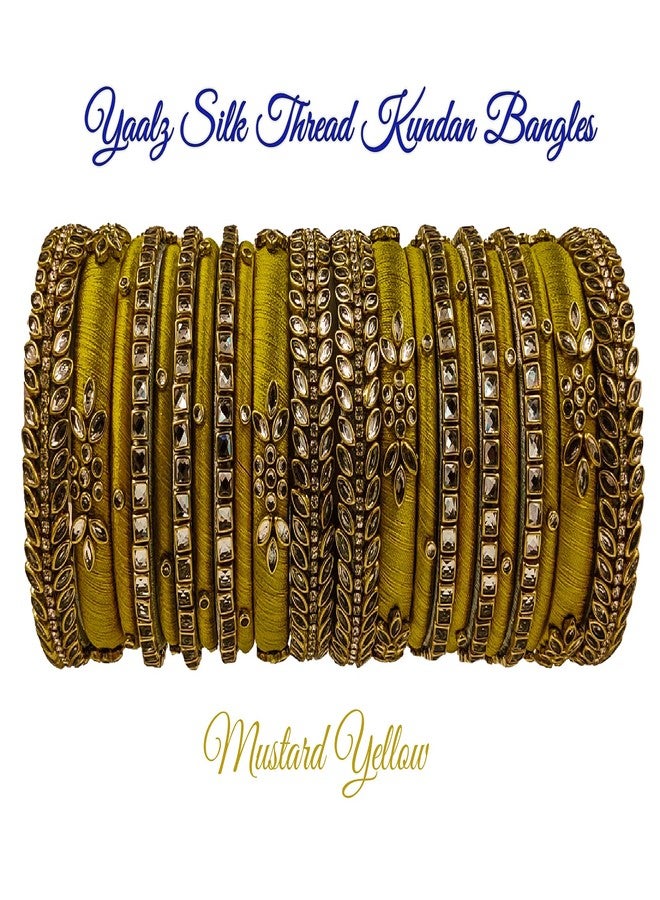 Yaalz Silk Thread Rich Kundan Heavy Work Traditional Fancy Designer Festival Wear Bridal Bangle Set/Wedding Chuda In Mustard Yellow Color - Image 3