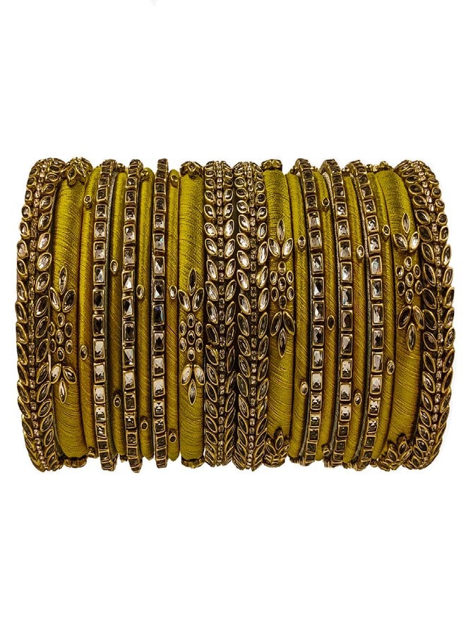 Yaalz Silk Thread Rich Kundan Heavy Work Traditional Fancy Designer Festival Wear Bridal Bangle Set/Wedding Chuda In Mustard Yellow Color - Image 2