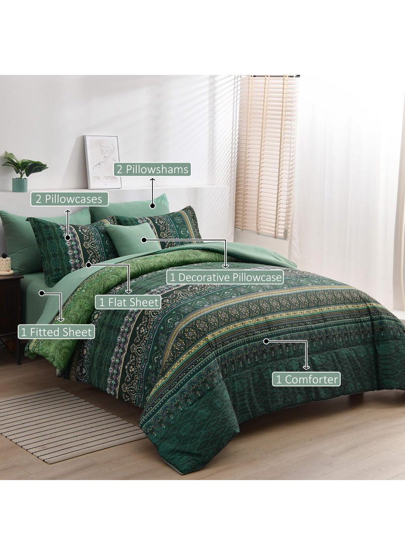Cottolester Boho Green Comforter Set King Size 8 Piece Bed in a Bag Bohemian Striped Bedding Quilt Set Dark Green Paisley Floral Comforter and Sheet Set Soft Microfiber Complete Bedding Sets for All Season  - Image 2