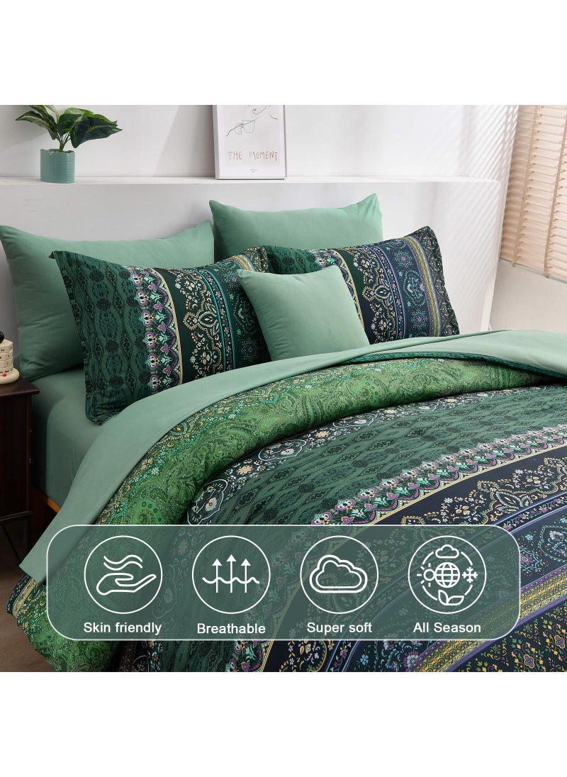 Cottolester Boho Green Comforter Set King Size 8 Piece Bed in a Bag Bohemian Striped Bedding Quilt Set Dark Green Paisley Floral Comforter and Sheet Set Soft Microfiber Complete Bedding Sets for All Season  - Image 3