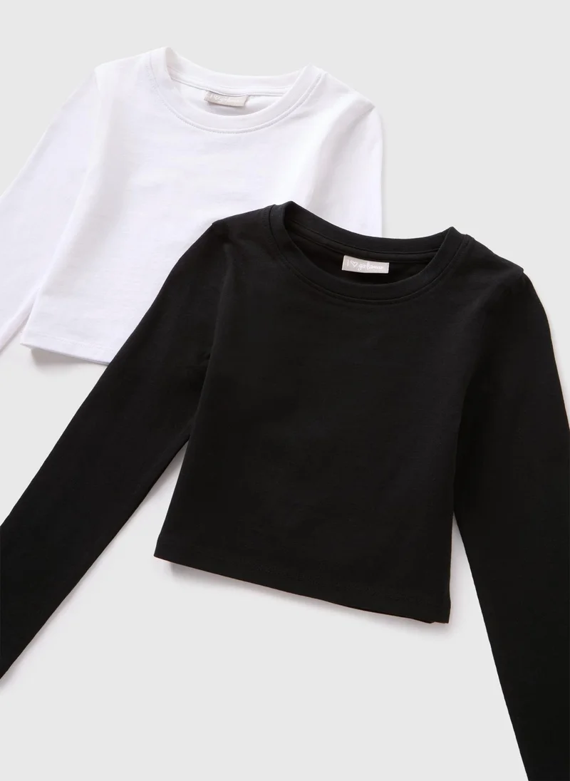 Matalan 2 Pack Girls Monochrome Long Sleeve T-Shirts