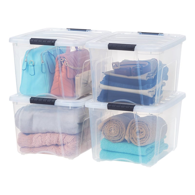 IRIS USA 40 Qt Stackable Plastic Storage Bins with Lids 4 Pack  BPAFree Made in USA  SeeThrough Organizing Solution Latches Durable Nestable Containers Secure Pull Handle  Clear