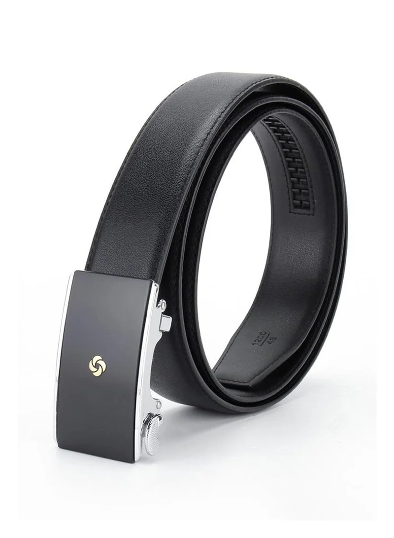 Samsonite Aamir Basic Auto R Buckle Belt Golden Logo, Leather, Black|100% Leather|Sleek Golden Logo|Automatic Buckle|Hole Free Belt
