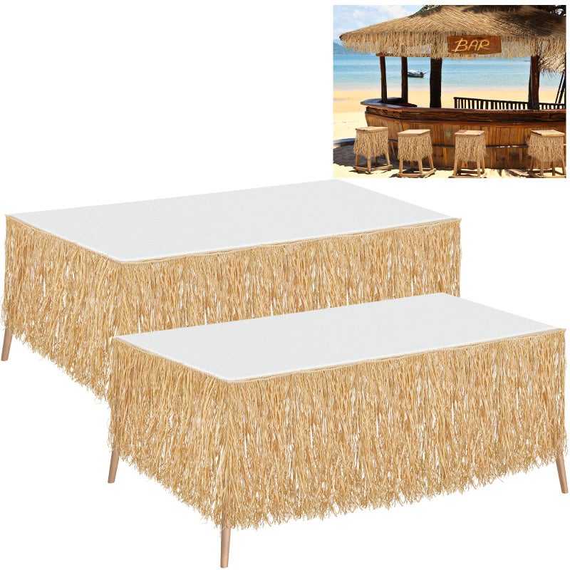 Tatuo 2 Pack Natural Raffia Table Skirt Luau Hawaiian Skirt Table Grass Beach Fringe Decoration for Tropical Birthday Party Tiki Bar Chair Deck Luau Tropical Hawaiian Party 108 x 12 Inch