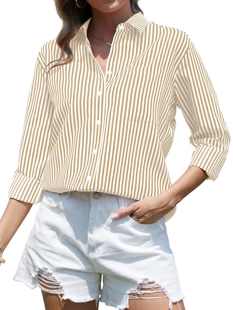 CUNLIN Khaki Striped Button Down Shirt Women Blouse Blouses & Button-Down Shirts Womens Tops for Fashion and Long Sleeve Khaki Size M - Image 1