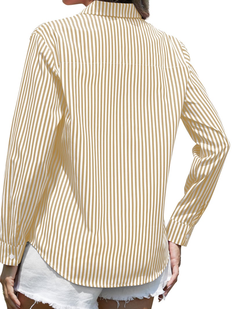 CUNLIN Khaki Striped Button Down Shirt Women Blouse Blouses & Button-Down Shirts Womens Tops for Fashion and Long Sleeve Khaki Size M - Image 2