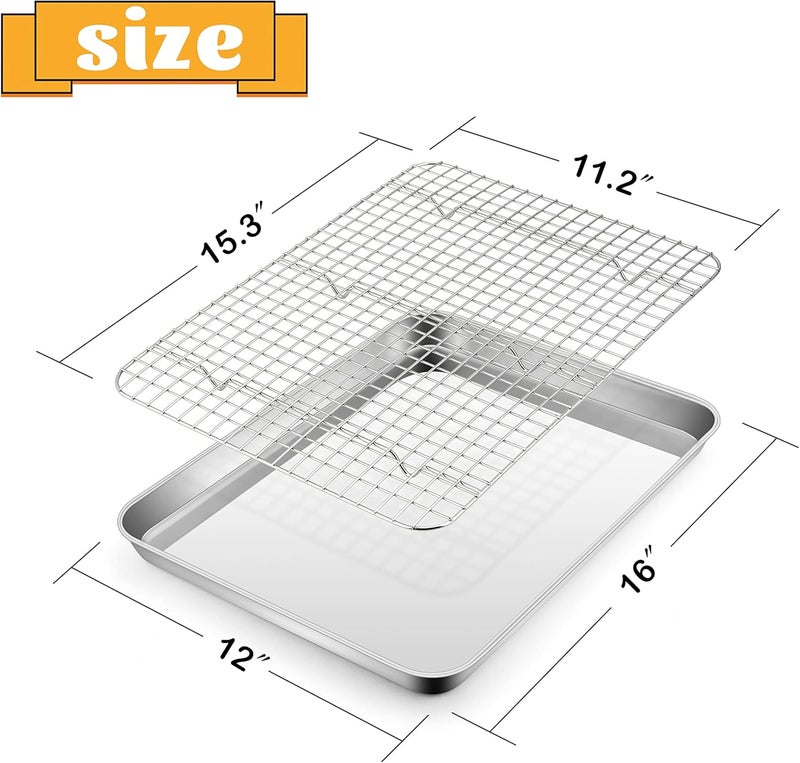 E-far Stainless Steel Baking Sheet with Rack Set, 16”x12” Cookie Sheet Jelly Roll Pan for Oven, Rimmed Metal Tray with Wire Rack for Cooking/Baking/Cooling/Bacon, Non-toxic & Dishwasher Safe - Image 2