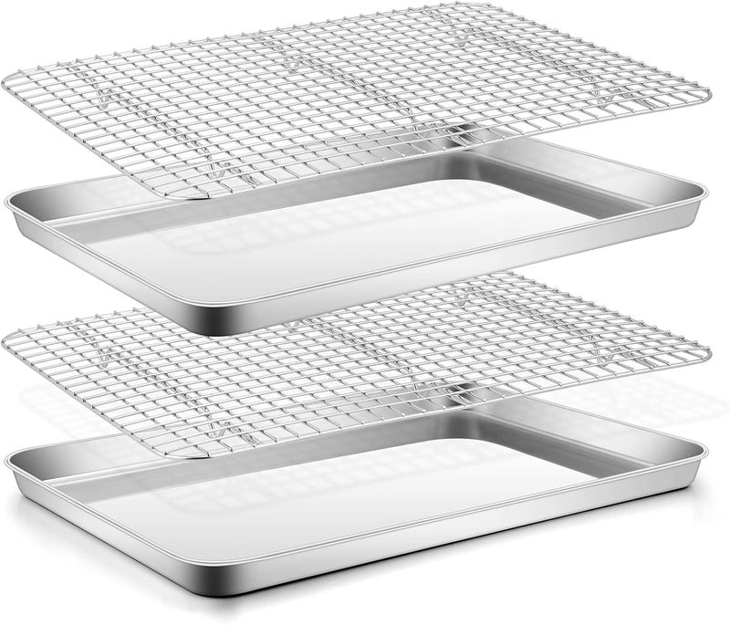 E-far Stainless Steel Baking Sheet with Rack Set, 16”x12” Cookie Sheet Jelly Roll Pan for Oven, Rimmed Metal Tray with Wire Rack for Cooking/Baking/Cooling/Bacon, Non-toxic & Dishwasher Safe - Image 1