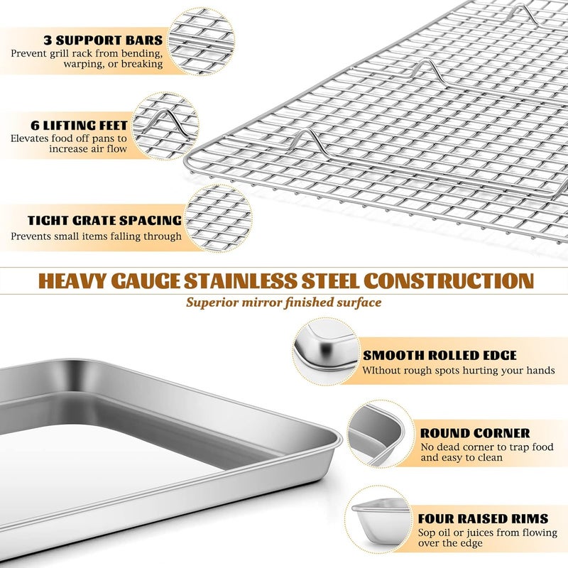 E-far Stainless Steel Baking Sheet with Rack Set, 16”x12” Cookie Sheet Jelly Roll Pan for Oven, Rimmed Metal Tray with Wire Rack for Cooking/Baking/Cooling/Bacon, Non-toxic & Dishwasher Safe - Image 3