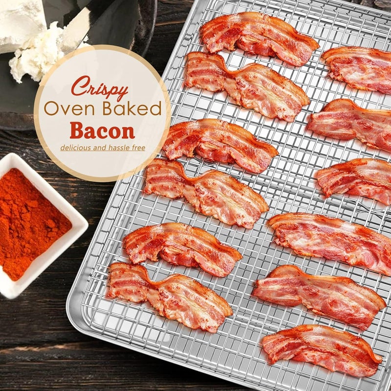 E-far Stainless Steel Baking Sheet with Rack Set, 16”x12” Cookie Sheet Jelly Roll Pan for Oven, Rimmed Metal Tray with Wire Rack for Cooking/Baking/Cooling/Bacon, Non-toxic & Dishwasher Safe - Image 4