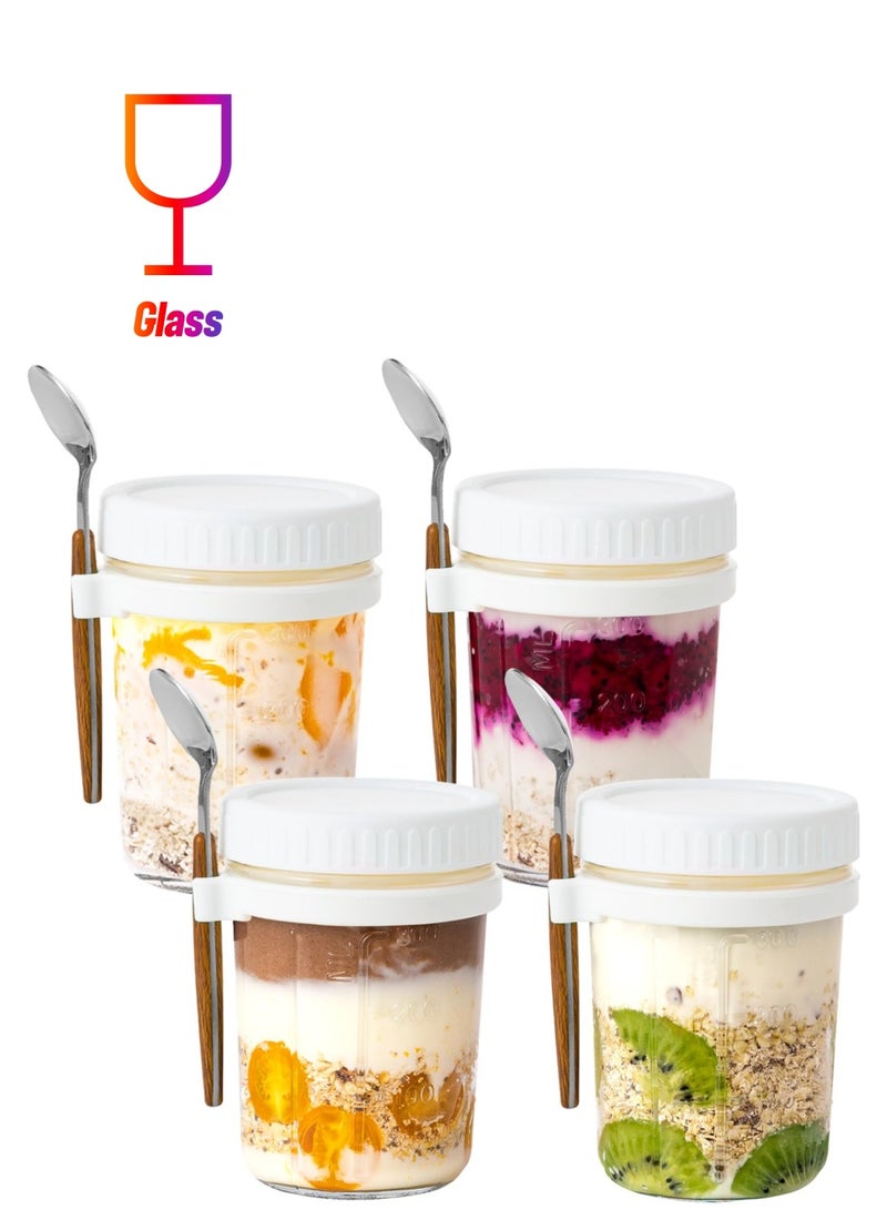 Arabest حاوية الشوفان الليلي مع غطاء وملعقة، 4 قطع برطمانات الشوفان الليلي 350 مل، حاوية الإفطار، حاوية تخزين سلطة الحبوب والحليب والخضروات والفواكه مع علامات قياس - Image 1