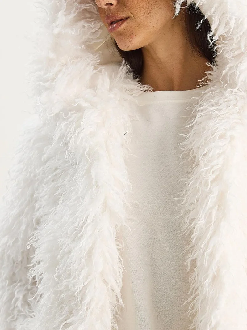 Bianco Lucci White LUCCI Oversize Hooded Faux Fur Jacket for Women | Best Price UAE