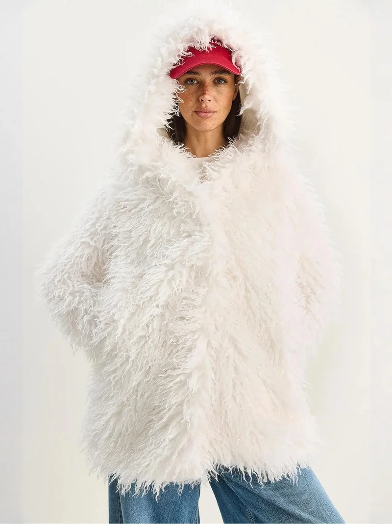 Bianco Lucci White LUCCI Oversize Hooded Faux Fur Jacket for Women | Best Price UAE