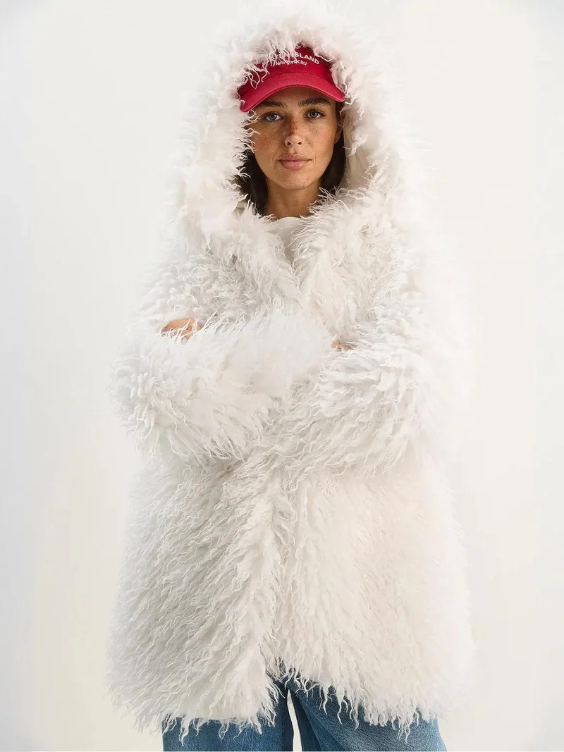 Bianco Lucci White LUCCI Oversize Hooded Faux Fur Jacket for Women | Best Price UAE