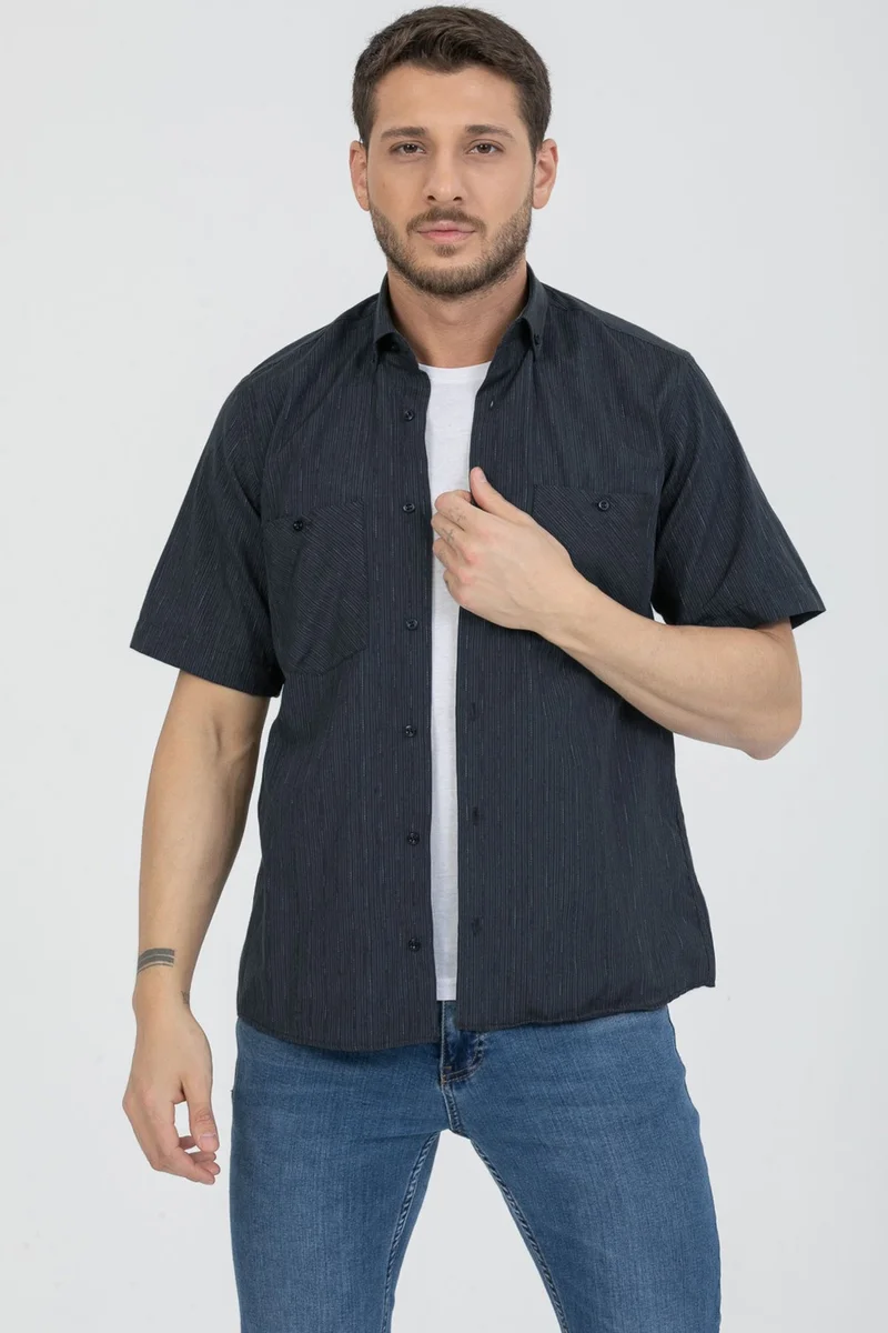 Varetta Men's Navy Blue Double Pocket Short Sleeve Striped Cotton Summer Shirt