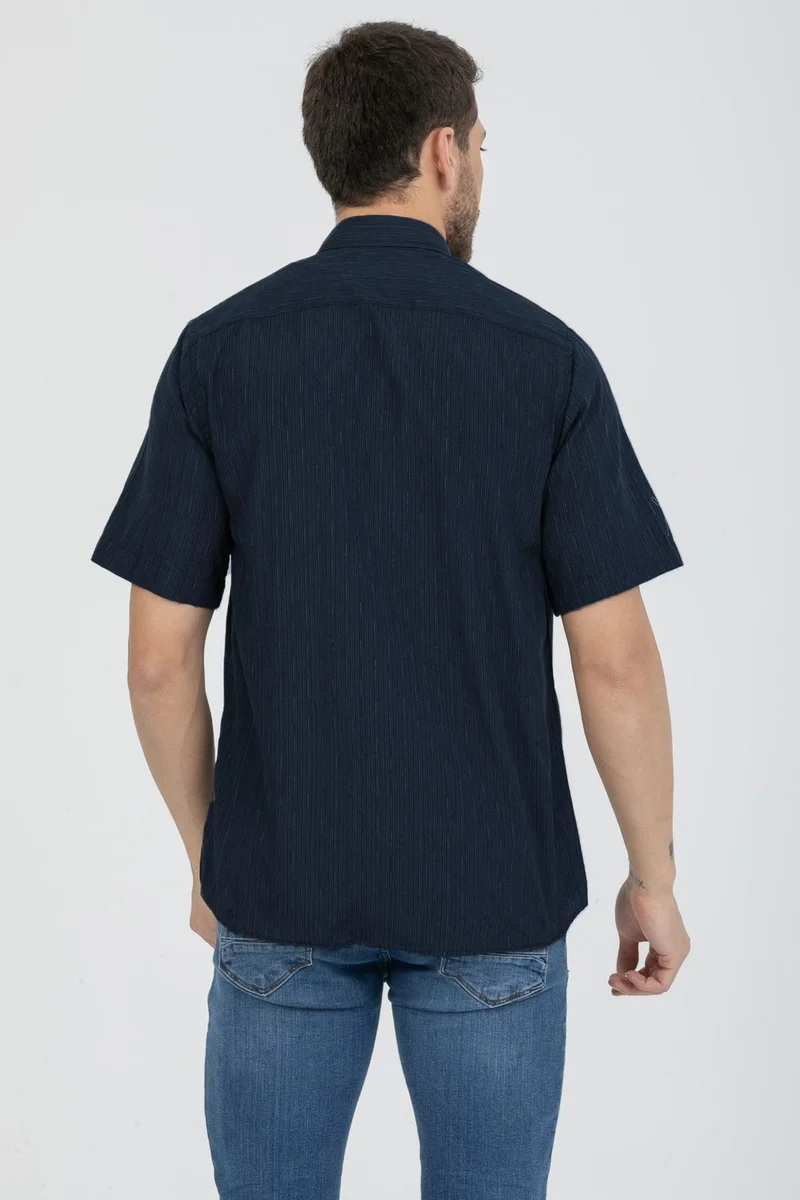 Varetta Men's Navy Blue Double Pocket Short Sleeve Striped Cotton Summer Shirt