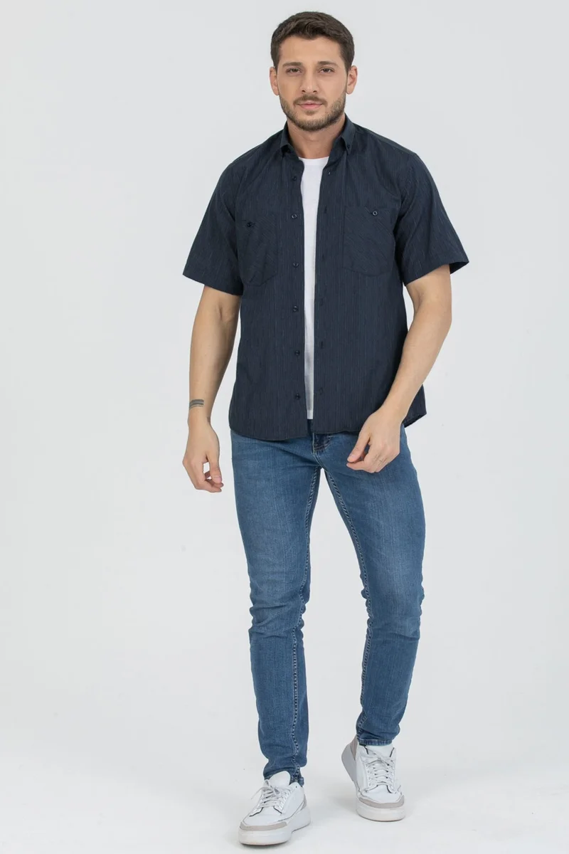 Varetta Men's Navy Blue Double Pocket Short Sleeve Striped Cotton Summer Shirt