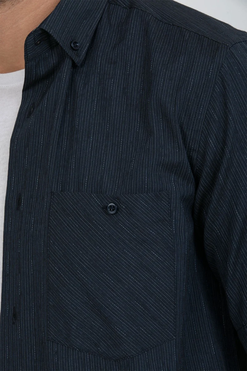 Varetta Men's Navy Blue Double Pocket Short Sleeve Striped Cotton Summer Shirt