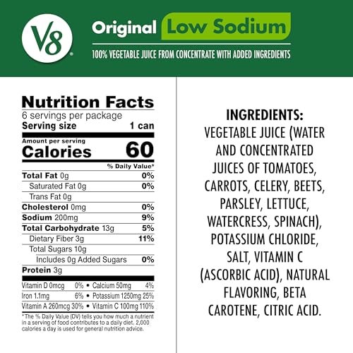 V8 Low Sodium Original 100 Vegetable Juice Vegetable Blend with Tomato Juice 115 FL OZ Can Pack of 24 - Image 5