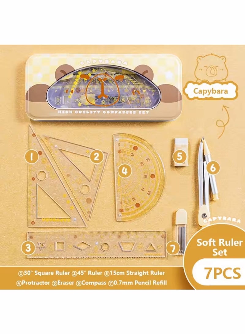 capybara 7-piece cartoon transparent ruler set, including pencil, compass, protractor, eraser, suitable for students to use drawing and measuring tools - Image 1