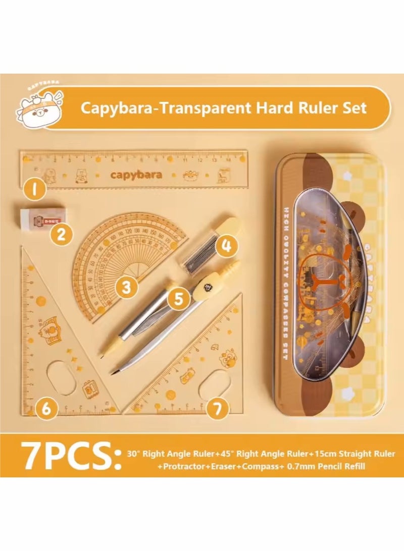 capybara 7-piece cartoon transparent ruler set, including pencil, compass, protractor, eraser, suitable for students to use drawing and measuring tools - Image 3