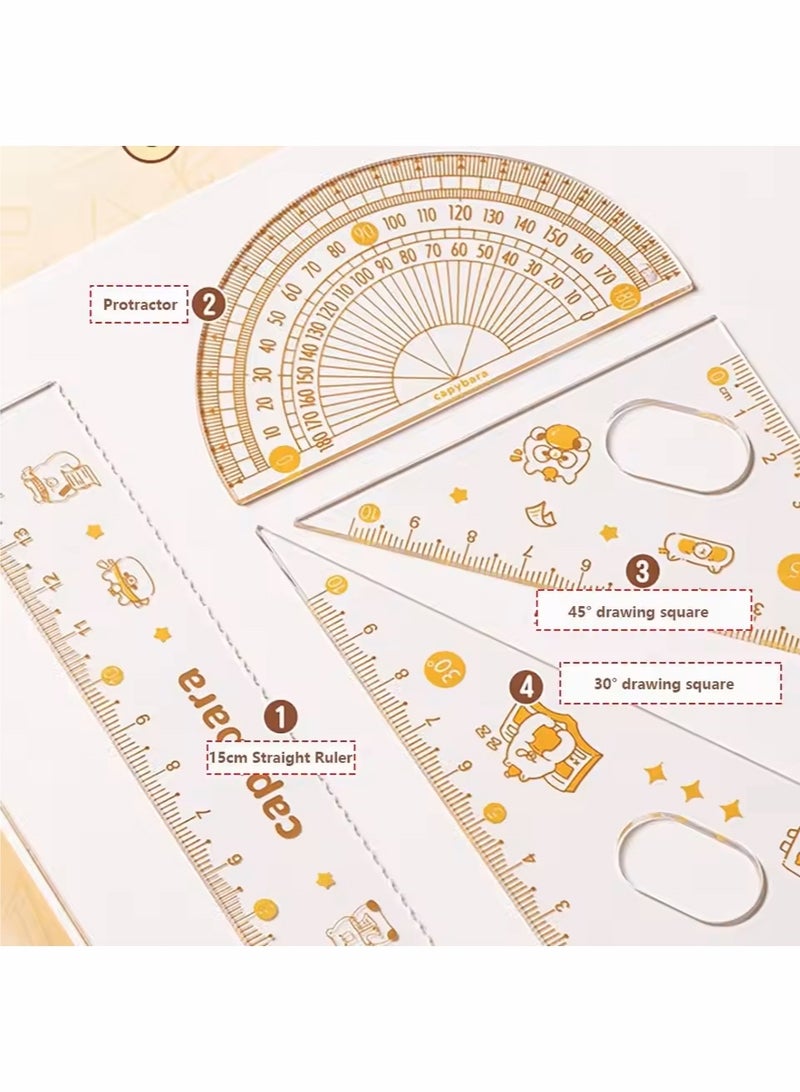 capybara 7-piece cartoon transparent ruler set, including pencil, compass, protractor, eraser, suitable for students to use drawing and measuring tools - Image 2