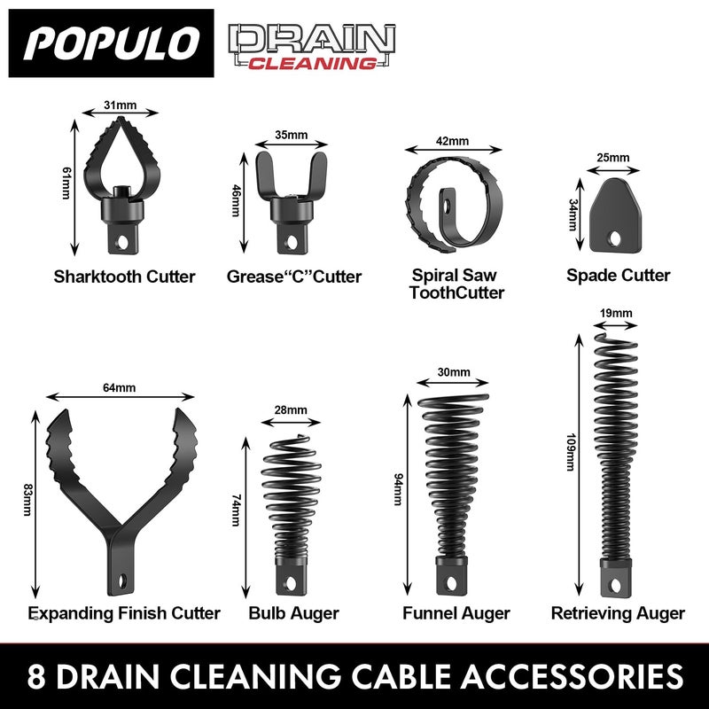POPULO 8-Piece Drain Snake Drill Attachment - Tackle Any Clog with Precision,Commonly Used in POPULO 50FT-100FT AC Drain Cleaning Machine,Suitable for 5/16-inch to 3/4-inch Drain Snake Cable - Image 2
