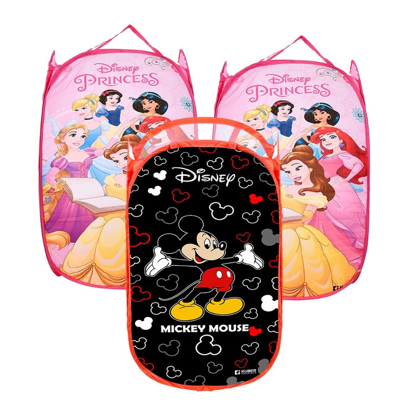 Kuber Industries Laundry Basket | Disney Mickey & Princess Net Foldable Laundry | Nylon Storage Basket with Handle for Home | Toy Storage Basket | 30 LTR | Pack of 3 | Multicolor - Image 1