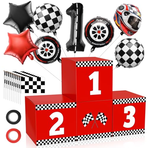 Windspeed 418 P Racing Car Party Boxes Windspeed 4 Racecar Boxes for Racing Car Themed Birthday Party Fast One Birthday Decorations with 10 Checkered Flags 8 Race Car Theme Balloons - Image 1