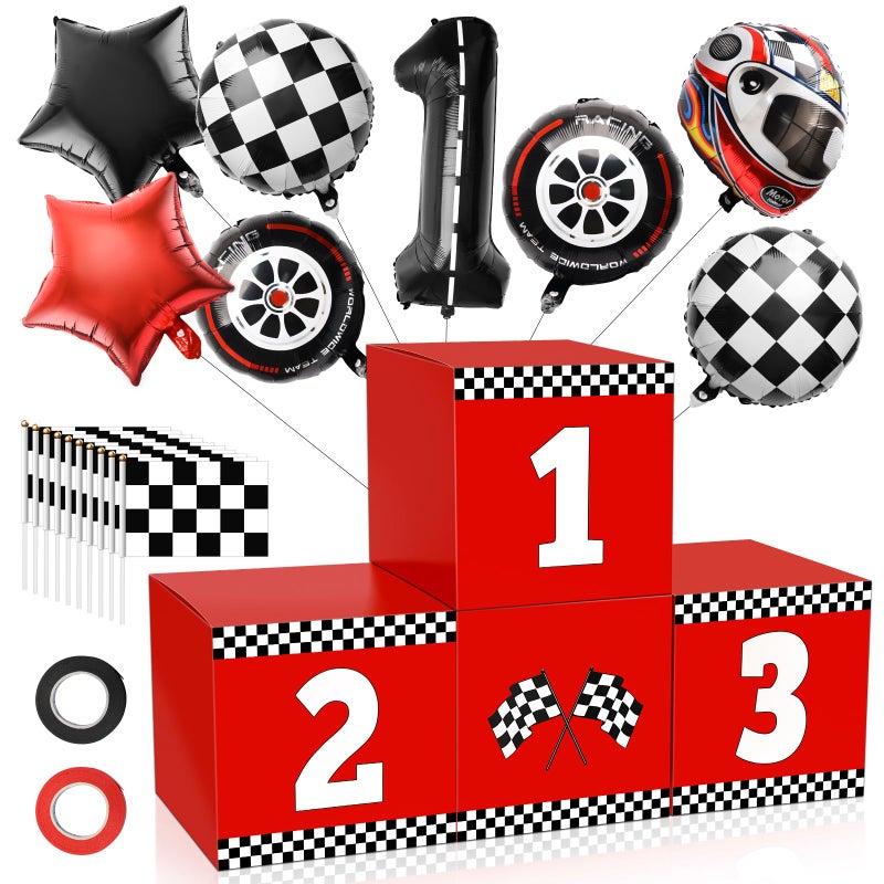 Windspeed 418 P Racing Car Party Boxes Windspeed 4 Racecar Boxes for Racing Car Themed Birthday Party Fast One Birthday Decorations with 10 Checkered Flags 8 Race Car Theme Balloons - Image 3