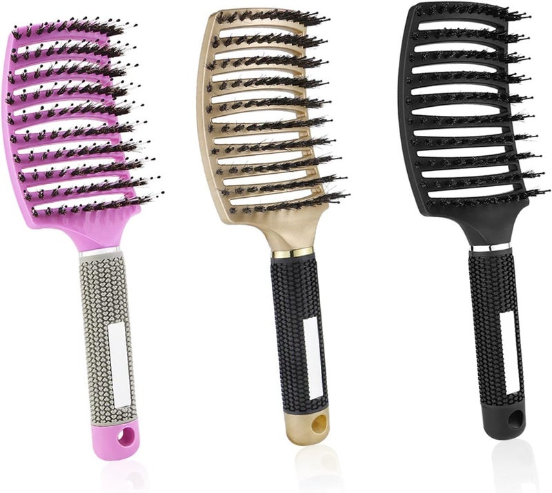 Hair Brush 3 Pcs Boar Bristle Paddle Hairbrush Soft Massage Vent Brush for Men Women Wet Curved Hair Brush Blow Dry Detangle Vented Hair Extension Brushes Massage Hair Comb