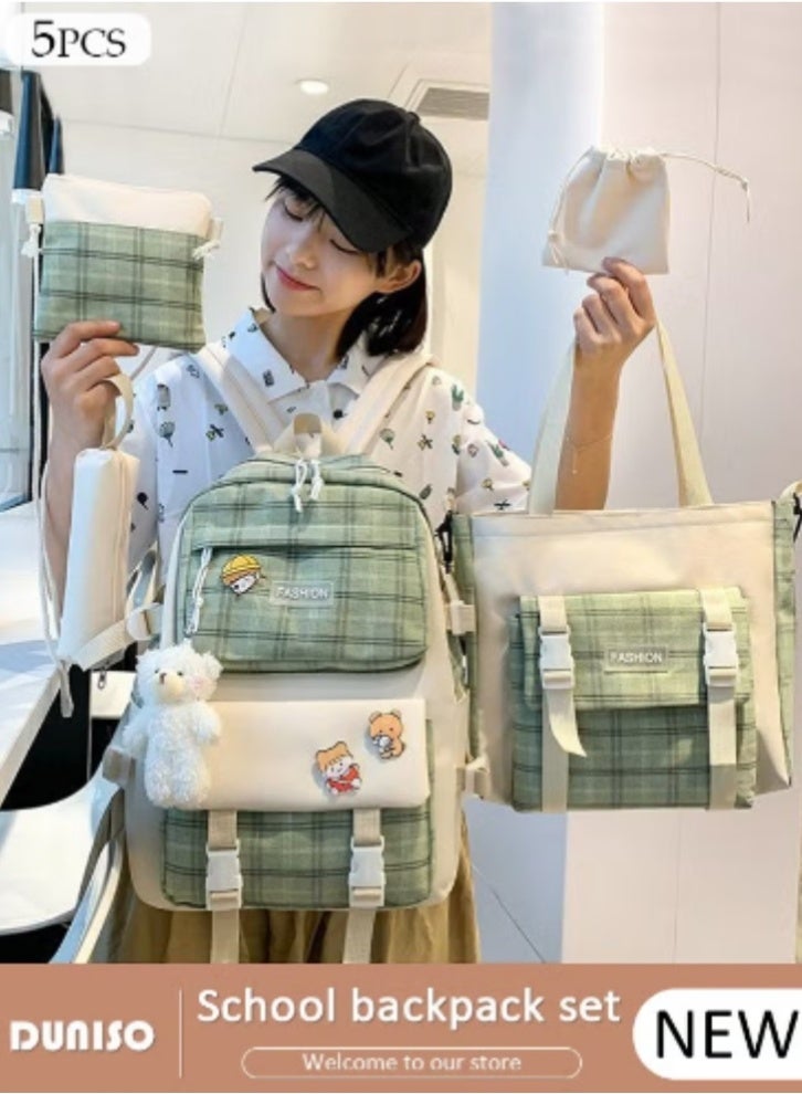 DUNISO Fresh Plaid Schoolbag 5 - Piece Set | Cute Charms, Practical and Heartwarming - Image 1