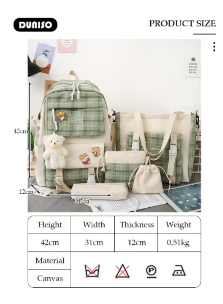 DUNISO Fresh Plaid Schoolbag 5 - Piece Set | Cute Charms, Practical and Heartwarming - Image 2