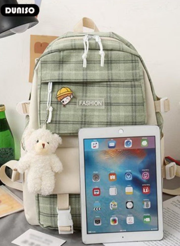 DUNISO Fresh Plaid Schoolbag 5 - Piece Set | Cute Charms, Practical and Heartwarming - Image 5