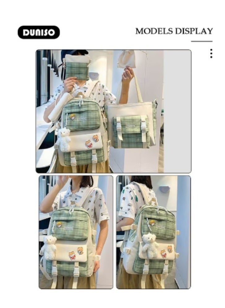 DUNISO Fresh Plaid Schoolbag 5 - Piece Set | Cute Charms, Practical and Heartwarming - Image 4