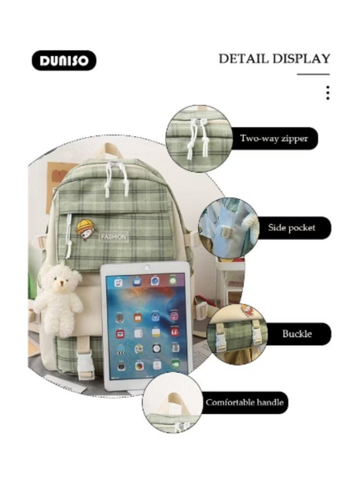DUNISO Fresh Plaid Schoolbag 5 - Piece Set | Cute Charms, Practical and Heartwarming - Image 3