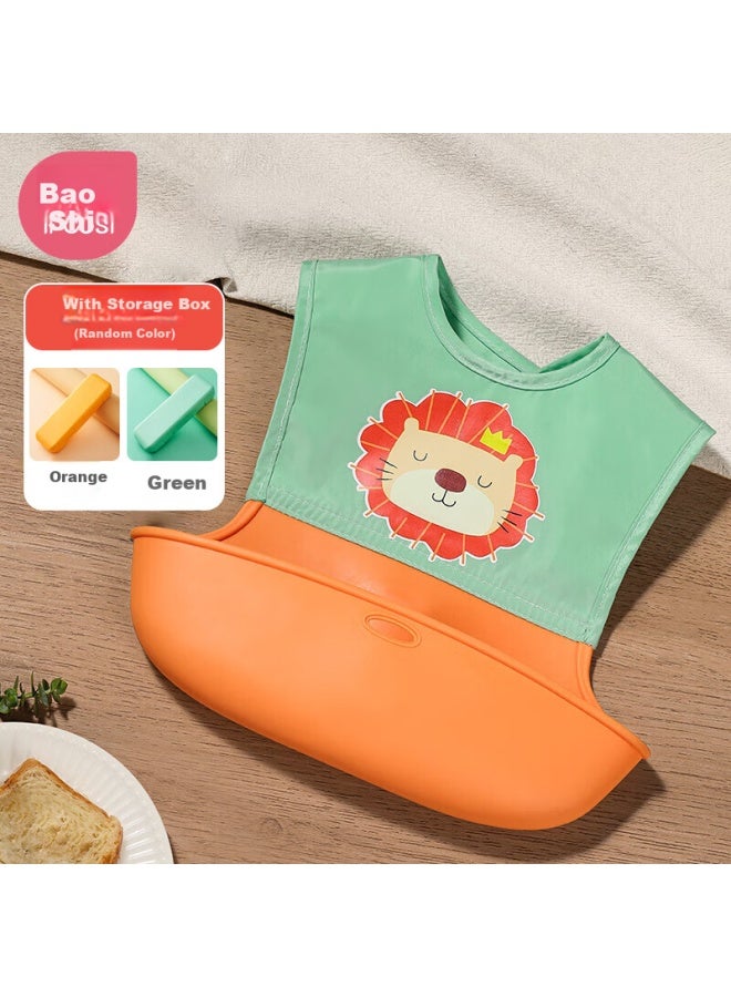 Bao Shi Bao Baby Bibs Infant Silicone Feeding Bib Waterproof Bibs Milk Children's A Green Lion + Storage Box - Image 1